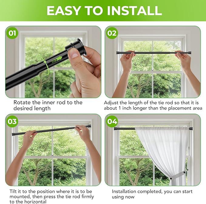 2 Pack Spring Tension Rods 28-48 Inches No Drill Tension Curtain Rods Black Spring Loaded Curtain Rods Adjustable Small Short Tension Curtain Rod for Window,Kitchen,Doorway,Cupboard,Wardrobe