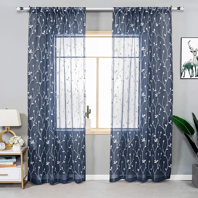 AmHoo 2 Panels Embroidered Leaf Pattern Semi Sheer Curtains Foliage Floral Voile Window Draperies Treatment for Bedroom Living Room Rod Pocket Navy Blue 53 x 63 Inch