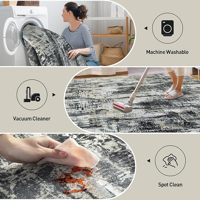 8x10 Area Rugs Washable Rug: Large Modern Abstract Living Room Rug Soft Anti-Skid Thin Carpet Indoor Floor Non-Shedding Carpets for Bedroom Dining Farmhouse Nursery Home Office Black Grey Gold