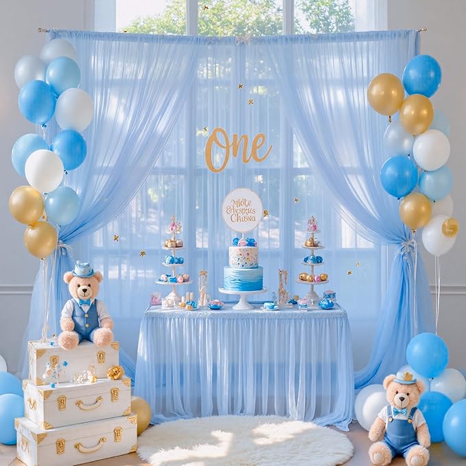 10ft x 15ft Baby Blue Tulle Backdrop Curtain for Baby Shower Party Sheer Fabric Backdrop Curtains for Boy Birthday Gender Reveal Back Drop Wedding Photo Backdrop Drapes Background 2 Panels 5ft x 15ft