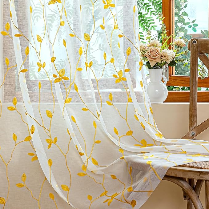 AmHoo 2 Panels Embroidered Leaf Pattern Semi Sheer Curtains Foliage Floral Voile Window Draperies Treatment for Bedroom Living Room Rod Pocket White Gold Yellow 53 x 95 Inch