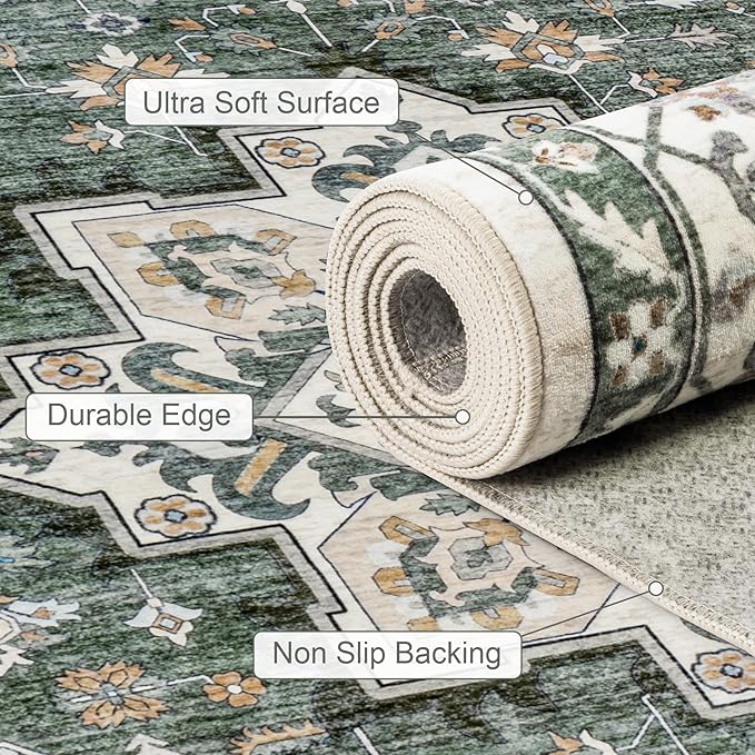2x3 Area Rugs Living Room Rug: Washable Vintage Boho Medallion Rug No Slip Stain Resistant Soft Carpet Indoor Large Carpets for Bedroom Dining Room Farmhouse Nursery Hallway Home Office Green Ivory