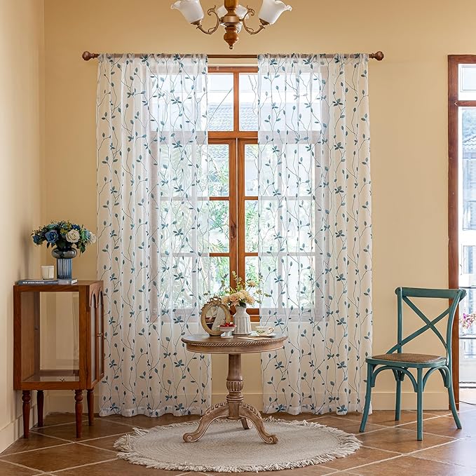 AmHoo 2 Panels Embroidered Leaf Pattern Semi Sheer Curtains Foliage Floral Voile Window Draperies Treatment for Bedroom Living Room Rod Pocket White Teal 53 x 95 Inch