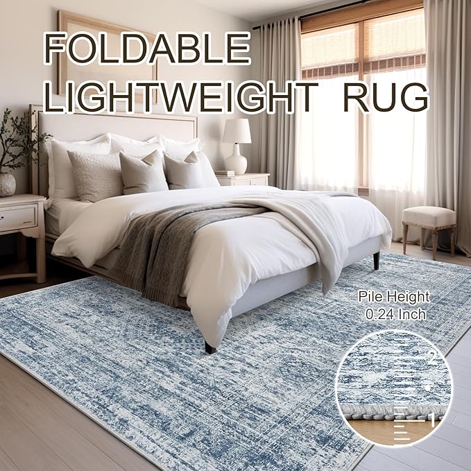 9x12 Area Rugs for Living Room, Non Slip Machine Washable Vintage Rugs, Low Pile Lightweight Large Rug for Bedroom, Dining Room, Home Office Blue