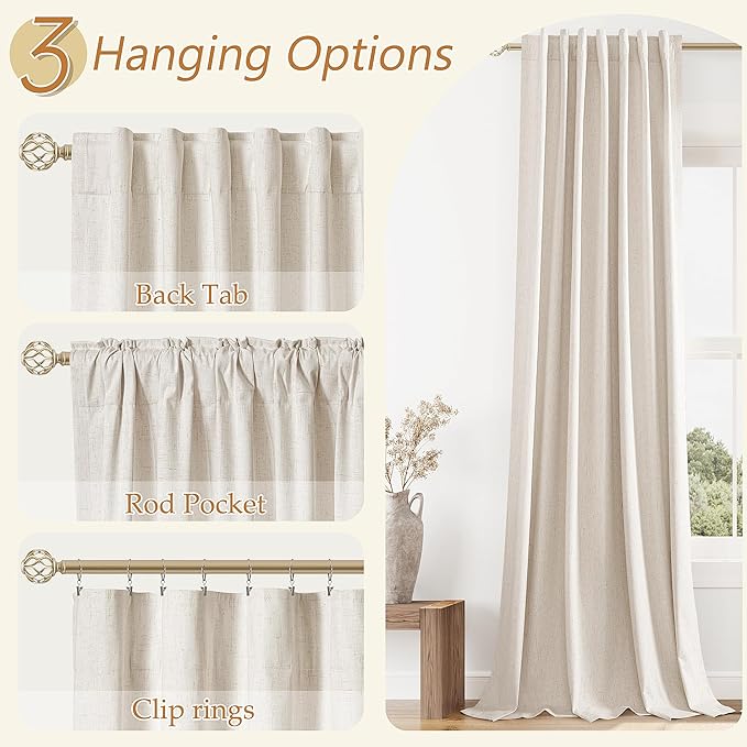 Guken 100% Blackout Linen Curtains 102 Inch Length 2 Panels Set for Living Room Bedroom Back Tab Thermal Insulated Black Out Drapes Room Darkening Room Darkening Farmhosue Window Curtains, 52x102