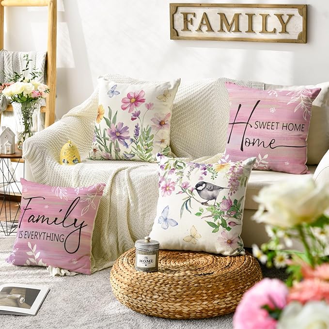 AVOIN colorlife Spring Saying Flowers Butterfly Pink Throw Pillow Covers, 16 x 16 Inch Home Sweet Home Cushion Case for Sofa Couch Set of 4
