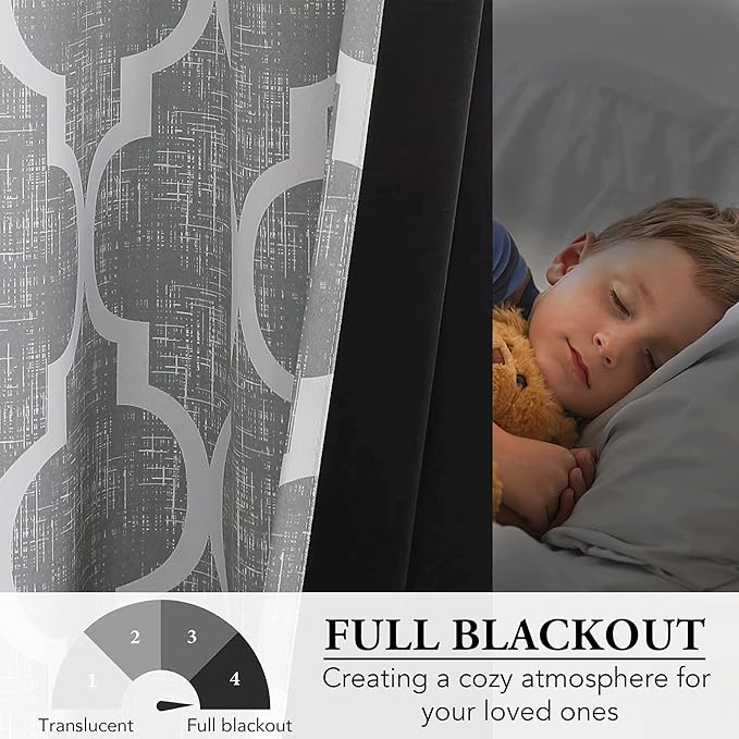 Beauoop 100% Blackout Curtains 45 Inches Long 2 Panels for Bedroom Living Room Grey Moroccan Geo Room Darkening Thermal Insulated Soundproof Grommet Top Window Treatments Drapes, 50x45 Set of 2