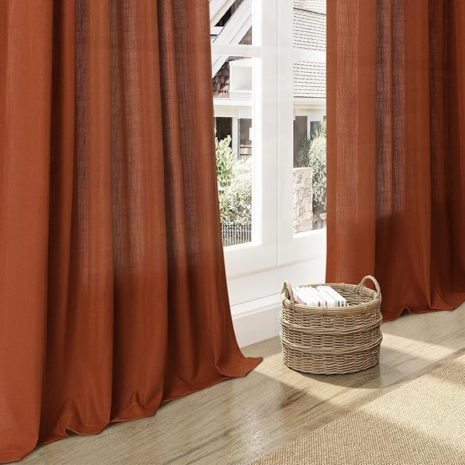 2 Panels Terracotta Linen Curtains 105 inches Long for Living Room Extra Long Back Tab Semi Sheer Rustic Farmhouse Boho Curtains Ceiling to Floor Length 105 inch for Large Window Rust Colored 9 FT