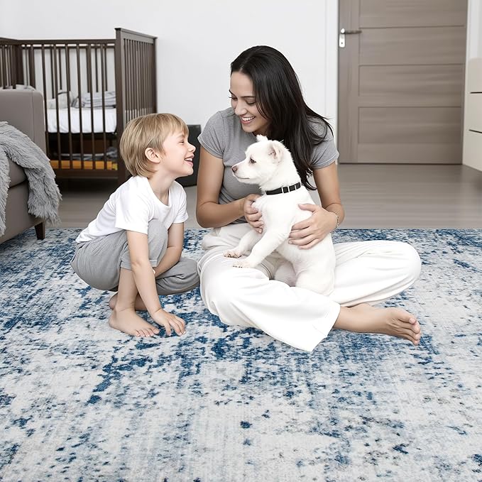 10x12 Area Rug Living Room Rug: Washable Modern Abstract Soft Thin Rug Indoor Floor No Slip Stain Resistant Carpet for Bedroom Dining Room Farmhouse Nursery Home Office - Blue