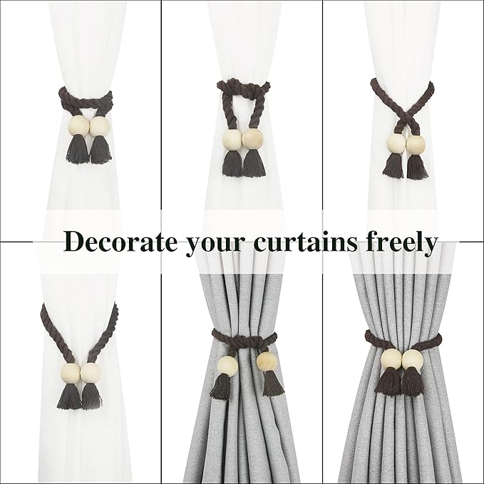 2 Pack Magnetic Curtain Tiebacks Cotton Hand Woven Tie Back Decorative Rope Holdbacks for Curtains Draperies No Tools Required, Coffee