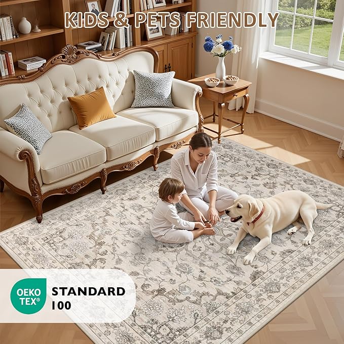 3x5 Area Rugs Living Room Rug: Washable Vintage Distressed Floral Rug No Slip Stain Resistant Soft Carpet Indoor Floor Large Carpets for Bedroom Dining Room Farmhouse Nursery Home Office Brown Beige