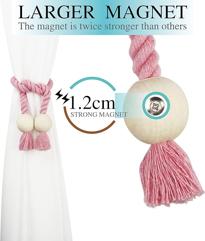 2 Pack Magnetic Curtain Tiebacks Cotton Hand Woven Tie Back Decorative Rope Holdbacks for Curtains Draperies No Tools Required, Pink
