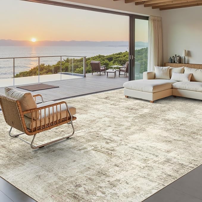10x14 Area Rugs for Living Room, Non Slip Machine Washable Vintage Carpets, Low Pile Lightweight Large Rug for Bedroom, Dining Room, Home Office Beige Gray