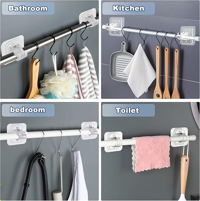 10PCS Curtain Rods No Drilling,Bracket No Drill Curtain Rod Brackets Self Adhesive Curtain Rod Holders Nail Free Adjustable Curtain Rod Hooks Curtain Hangers for Bathroom Kitchen Bathroom Hotel