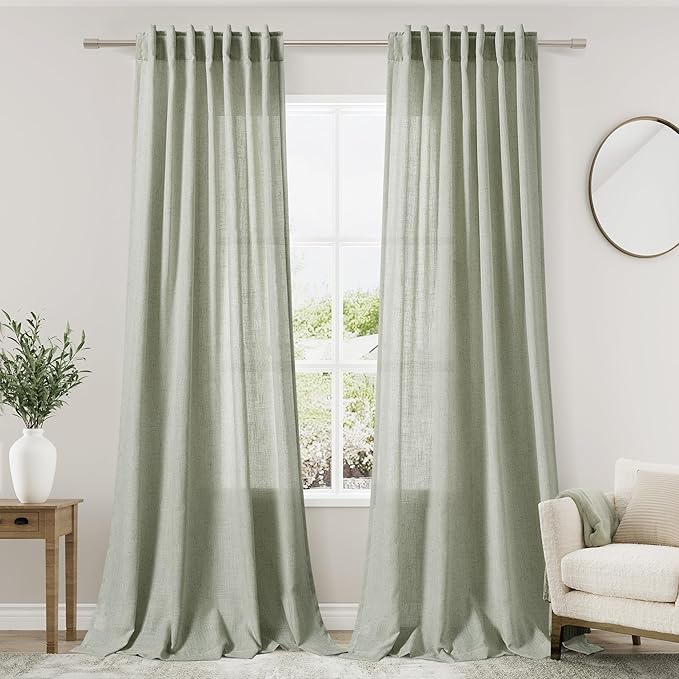 2 Panels Set Sage Green Linen Curtains 126 Inches Long for Living Room Extra Long Back Tab Curtain Neutral Farmhouse Light Filtering Semi Sheer Linen Drapes Ceiling to Floor for Large Window 52x126
