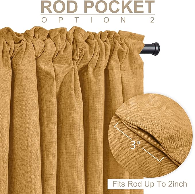 100% Blackout Shield Linen Blackout Curtains for Bedroom 108 Inches Long,Back Tab/Rod Pocket Living Room Drapes,Thermal Insulated Textured Blackout Curtains 2 Panels Set,50" W x 108" L,Mustard Yellow