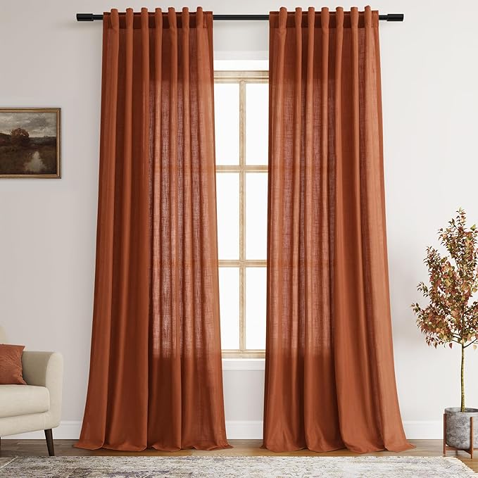 2 Panels Terracotta Linen Curtains 105 inches Long for Living Room Extra Long Back Tab Semi Sheer Rustic Farmhouse Boho Curtains Ceiling to Floor Length 105 inch for Large Window Rust Colored 9 FT