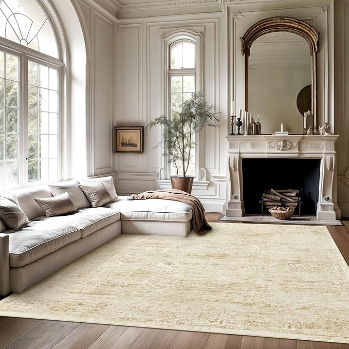 6x9 Area Rug for Living Room Floral Washable Non-Slip Modern Rugs for Bedroom Dinning Room Ultra-Thin Indoor Beige