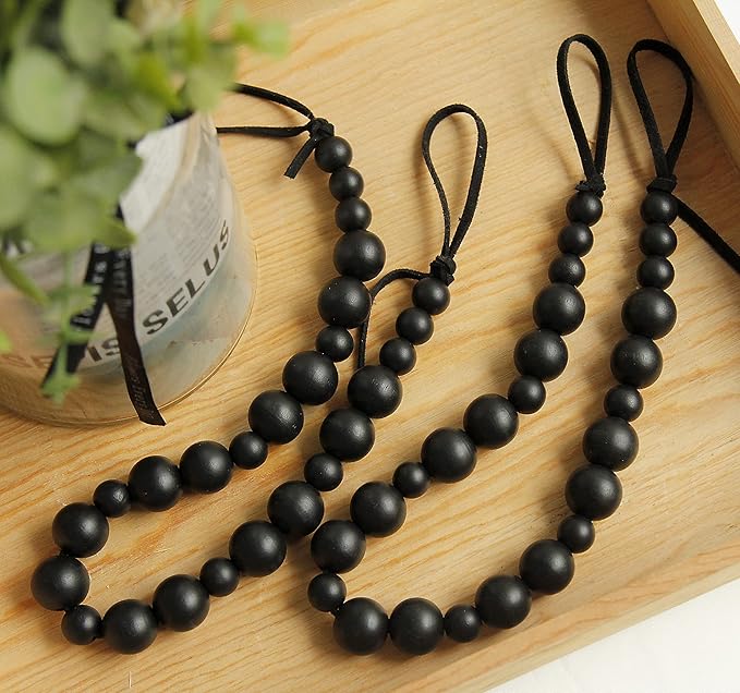 4 Pieces Wood Bead Curtain Tieback Boho Curtain Tiebacks Curtain Holdbacks for Wall Curtain Ties Window Treatment Curtain Tie Backs with Hooks for Bedroom Wall Dining(Black Color, 4)