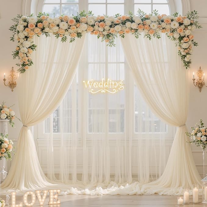 10ft x 15ft Champagne Tulle Backdrop Curtain for Parties Sheer Fabric Backdrop Curtains for Wedding Baby Shower Bridal Shower Birthday Photo Backdrop Drapes Background Decorations 2 Panels 5ft x 15ft