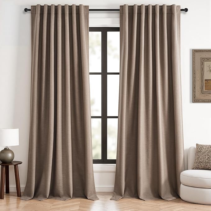96 inch long linen blackout curtains 2 Panels 100% Black out Linen texture Curtain Modern Farmhouse Dark Flax Window Drapes with Back Tab Rod Pocket Room Darkening Thermal for Bedroom Living Room
