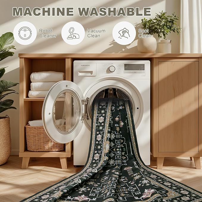 6x9 Area Rugs Living Room Rug: Washable Vintage Boho Medallion Rug No Slip Stain Resistant Soft Carpet Indoor Floor Large Carpets for Bedroom Dining Room Farmhouse Nursery Hallway Home Office Black