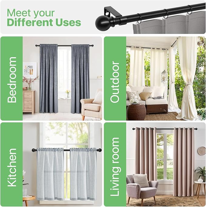 2 Pack 28-48 inch Black Metal Wall Mounted Curtain Rod Set with Brackets, 5/8" Adjustable Small Curtain Rods for Bedroom, Kitchen, Living Room, Grommet Curtains