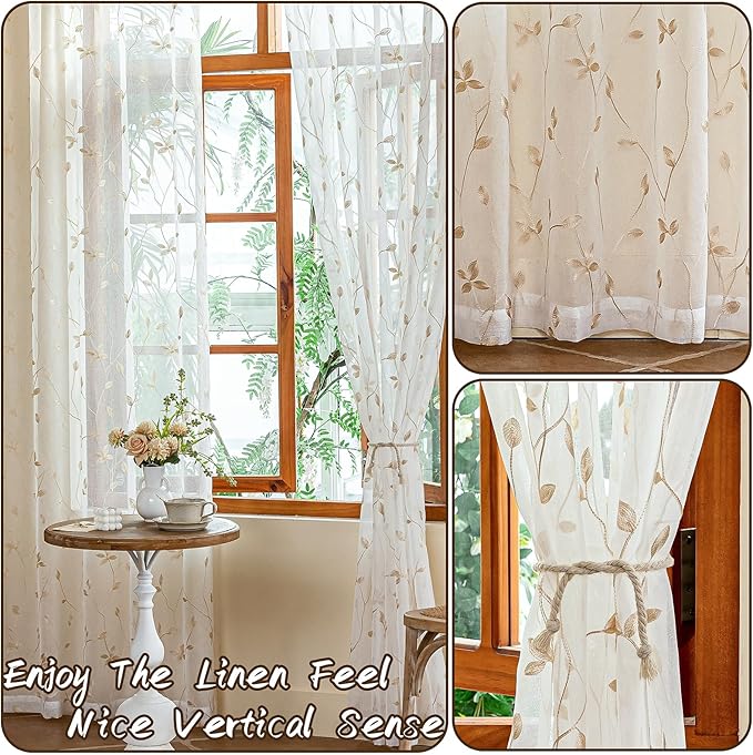 AmHoo 2 Panels Embroidered Leaf Pattern Semi Sheer Curtains Foliage Floral Voile Window Draperies Treatment for Bedroom Living Room Rod Pocket White Beige 53 x 84 Inch