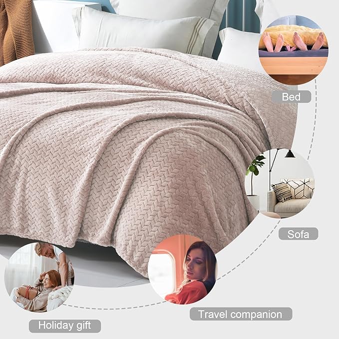 Exclusivo Mezcla Fleece Queen Size Blanket for Bed, 90x90 Inches Soft Cozy Jacquard Flannel Blankets, Lightweight Fuzzy Plush Warm for Women, Camel