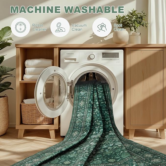 2x3 Area Rugs Living Room Rug: Washable Vintage Distressed Floral Rug No Slip Stain Resistant Soft Carpet Indoor Large Carpets for Bedroom Dining Room Farmhouse Nursery Hallway Home Office Deep Green