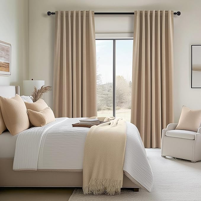 102 Inch Long Blackout Curtains for 2 Panels,Energy Efficinet Room Darkening Linen Blend Textured Curtains with Hooks,Track System Black Out Curtains for Living Room Bedroom,2 Panels, Tan Taupe