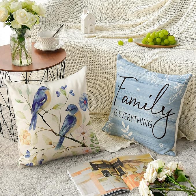AVOIN colorlife Spring Saying Flowers Butterfly Bird Throw Pillow Covers, 20 x 20 Inch Home Sweet Home Blue Cushion Case for Sofa Couch Set of 4