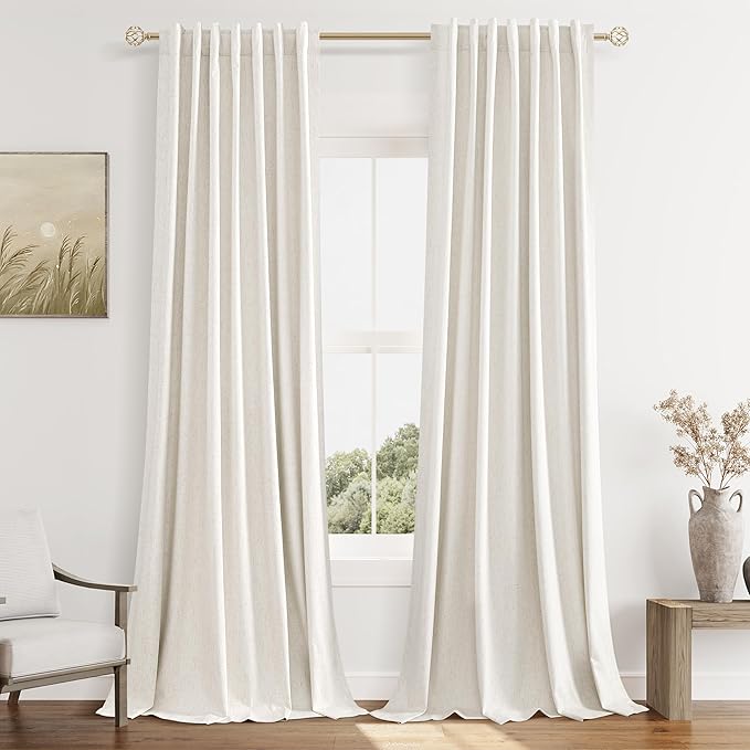 Beige White 100% Blackout Linen Curtains 90 Inch Length 2 Panels Set for Living Room Bedroom Back Tab Thermal Insulated Black Out Drapes Room Darkening Farmhouse Style for Bedroom Window Curtains