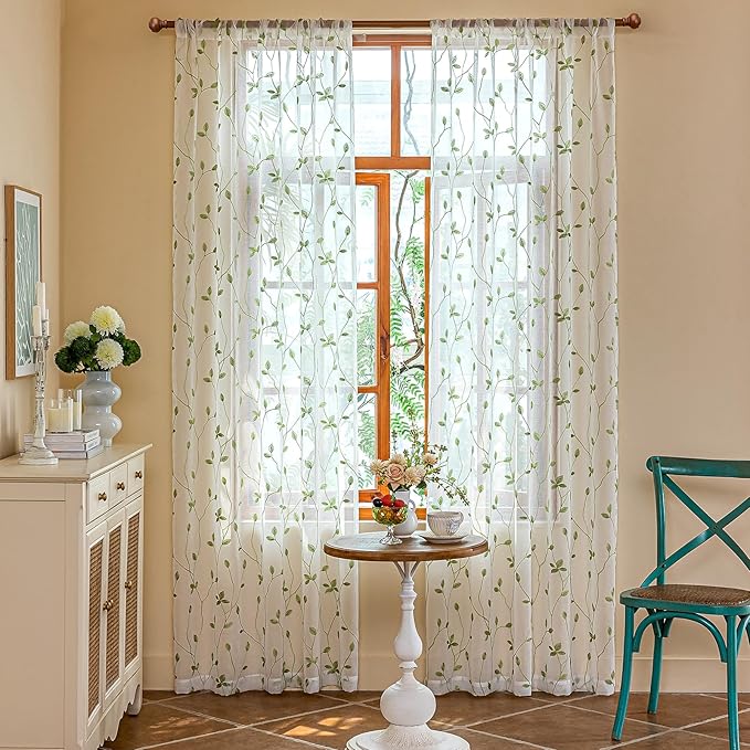 AmHoo 2 Panels Embroidered Leaf Pattern Semi Sheer Curtains Foliage Floral Voile Window Draperies Treatment for Bedroom Living Room Rod Pocket White Light Green 53 x 84 Inch