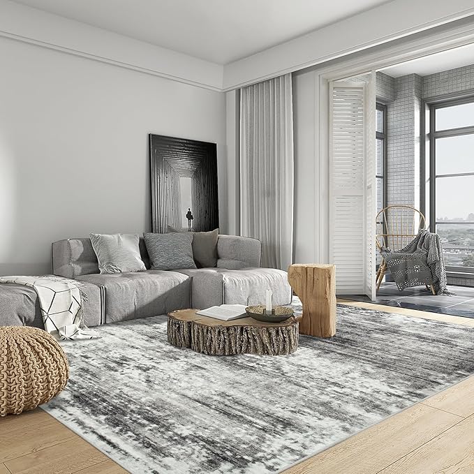 10x14 Area Rugs Washable Rug: Modern Abstract Living Room Rug Soft Anti-Skid Thin Carpet Indoor Floor Non-Shedding Carpets for Bedroom Dining Room Farmhouse Nursery Home Office Black Grey