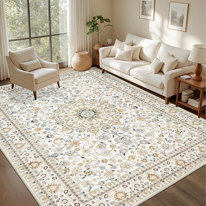 3x5 Area Rugs Living Room Rug: Washable Vintage Boho Rug No Slip Stain Resistant Soft Carpet Indoor Floor Floral Large Carpets for Bedroom Dining Room Farmhouse Nursery Home Office Beige