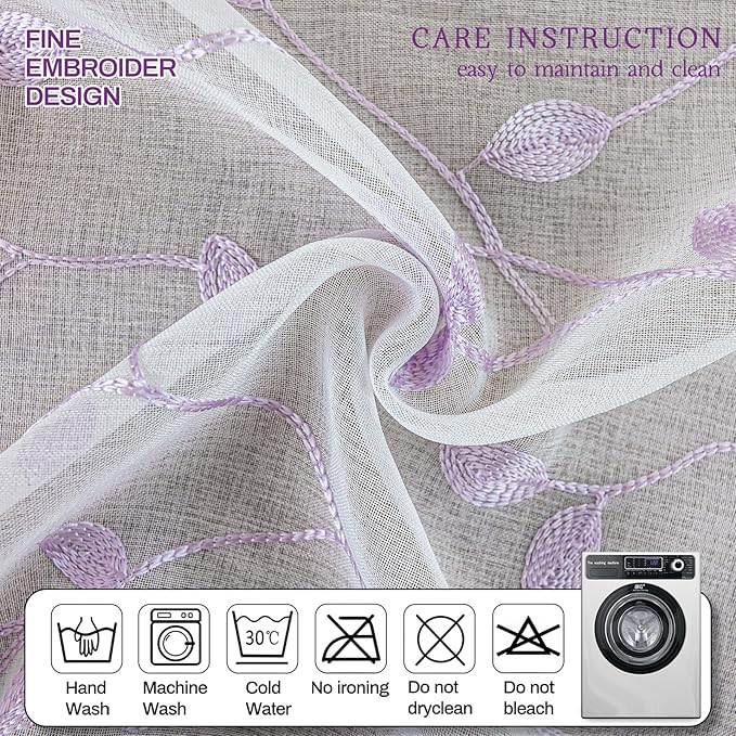 AmHoo 2 Panels Embroidered Leaf Pattern Semi Sheer Curtains Foliage Floral Voile Window Draperies Treatment for Bedroom Living Room Rod Pocket White Lavender Purple 53 x 95 Inch