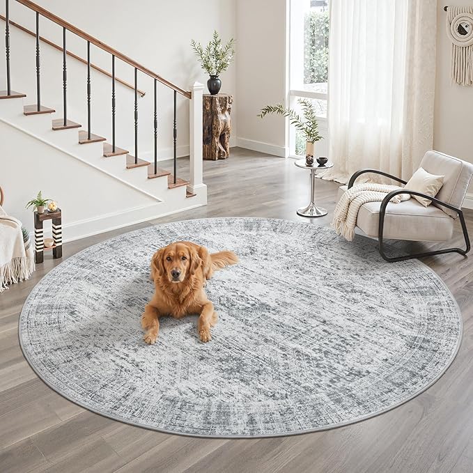 8x8 Grey Round Rug 8ft Living Room Circle Rug Vintage Round Area Rug Non Slip Indoor Carpet for Apartment