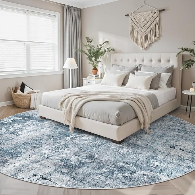 9x9 Blue/Grey Round Rug 9ft Living Room Circle Rug Vintage Round Area Rug Non Slip Indoor Carpet for Apartment