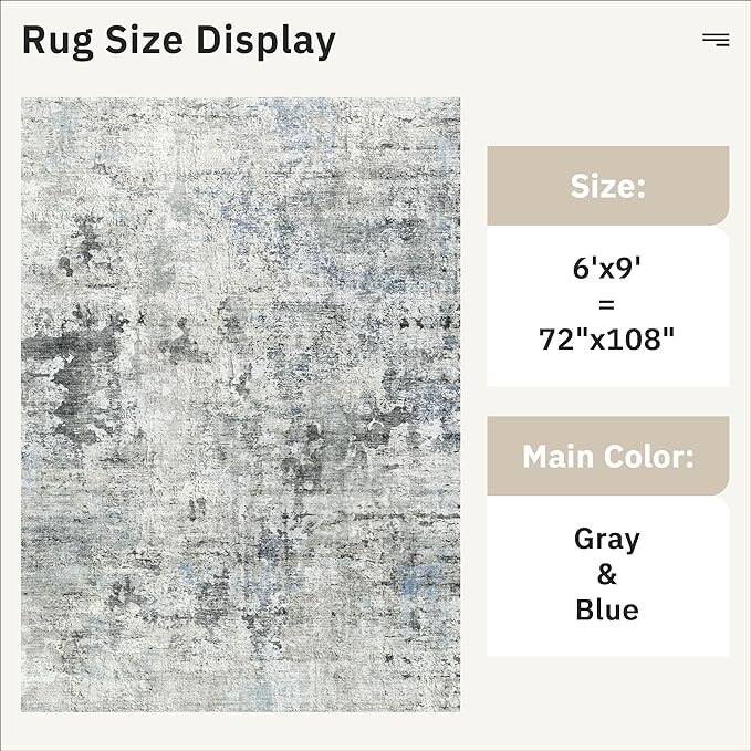 6x9 Abstract Area Rugs for Living Room 6 x 9 Washable Non Slip Low Pile Gray Rugs for Bedroom Dining Room Foldable Thin Gray Blue