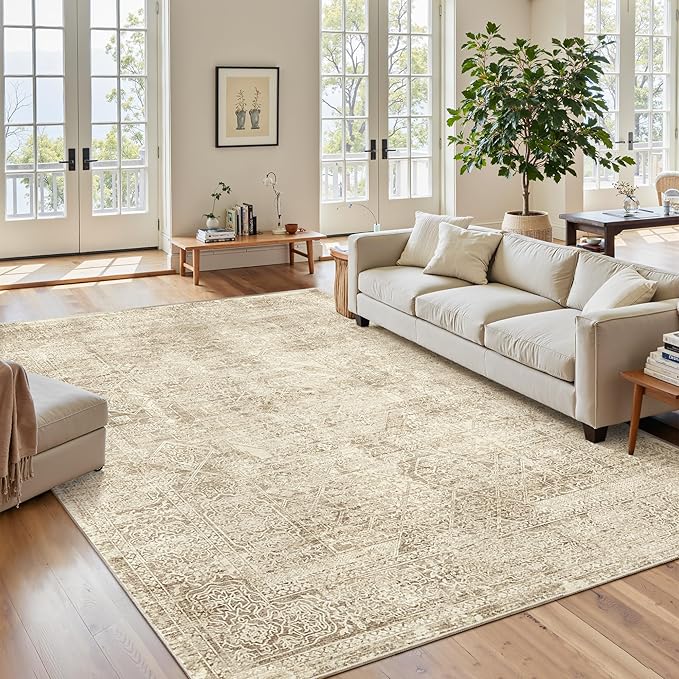 5x7 Area Rugs Brown Low Pile Indoor Washable Trendy Faded Style Floral Rugs for Bedroom Living Room Dining Room Foldable Non-Slip Thin Print Mat