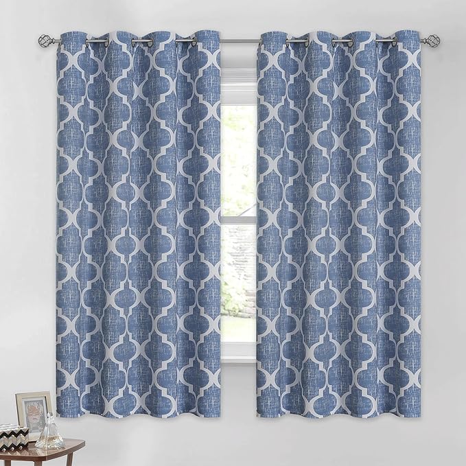 Beauoop 100% Blackout Curtains 45 Inches Long 2 Panels for Bedroom Living Room Blue Moroccan Geo Room Darkening Thermal Insulated Soundproof Grommet Top Window Treatments Drapes, 50x45 Set of 2