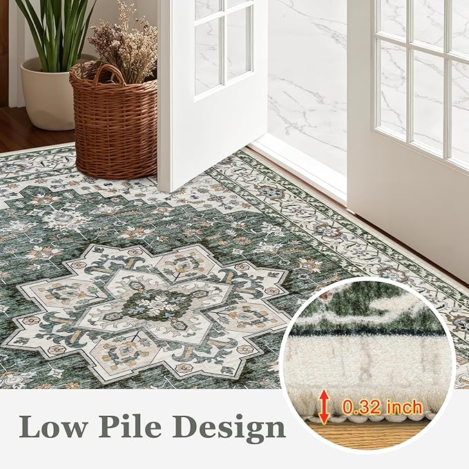 Area Rugs 10x14 Living Room Rug: Washable Rug Soft Vintage Boho Medallion Carpet Indoor Non-Slip Stain Resistant Large Carpets for Bedroom Dining Room Farmhouse Nursery Home Office Green Ivory