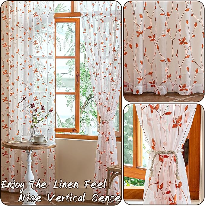 AmHoo 2 Panels Embroidered Leaf Pattern Semi Sheer Curtains Foliage Floral Voile Window Draperies Treatment for Bedroom Living Room Rod Pocket White Burnt Orange 53 x 63 Inch