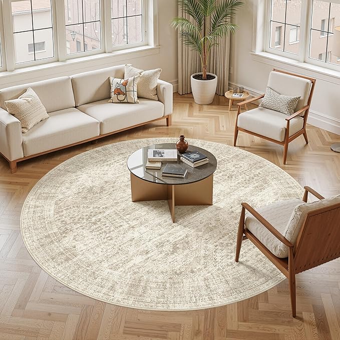 8x8 Beige Round Rug 8ft Living Room Circle Rug Vintage Round Area Rug Non Slip Indoor Carpet for Apartment
