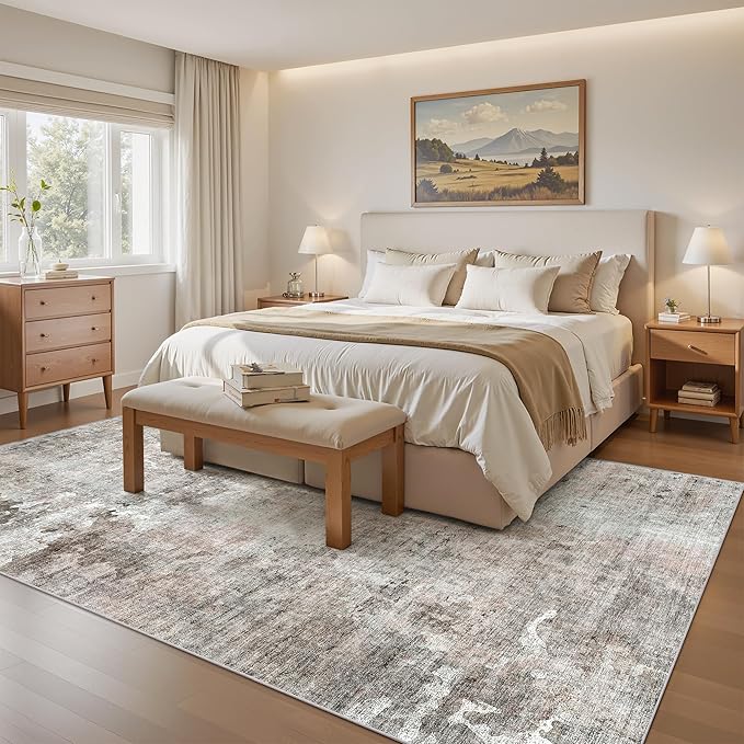 6x9 Abstract Area Rugs for Living Room 6 x 9 Washable Grey Pink Non Slip Low Pile Rugs for Bedroom Dining Room Foldable Thin