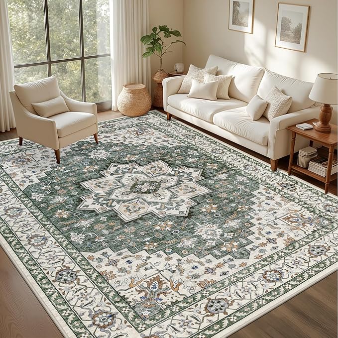 3x5 Area Rugs Living Room Rug: Washable Vintage Boho Medallion Rug No Slip Stain Resistant Soft Carpet Indoor Large Carpets for Bedroom Dining Room Farmhouse Nursery Hallway Home Office Green Ivory