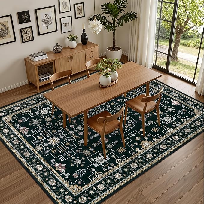 3x5 Area Rugs Living Room Rug: Washable Vintage Boho Medallion Rug No Slip Stain Resistant Soft Carpet Indoor Floor Large Carpets for Bedroom Dining Room Farmhouse Nursery Hallway Home Office Black