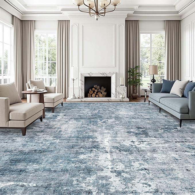 10x14 Area Rugs for Living Room, Non Slip Machine Washable Vintage Rugs, Low Pile Lightweight Large Rug for Bedroom, Dining Room, Home Office Blue