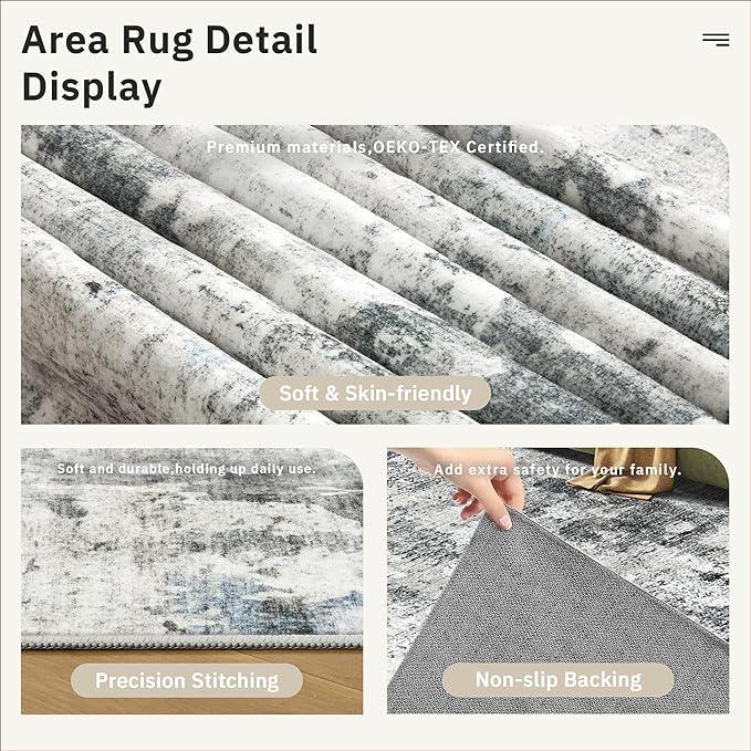 6x9 Abstract Area Rugs for Living Room 6 x 9 Washable Non Slip Low Pile Gray Rugs for Bedroom Dining Room Foldable Thin Gray Blue